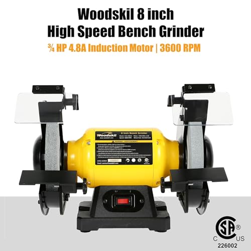 Woodskil 4.8A 3/4HP 8-Inch Bench Grinder, 3600rpm Table Grinder with Two Protective Eye Masks and Two Grinding Wheels Multipurpose Grinders for Metal, Knife, Dental, Amber, Jewelry, Jade - Image 2