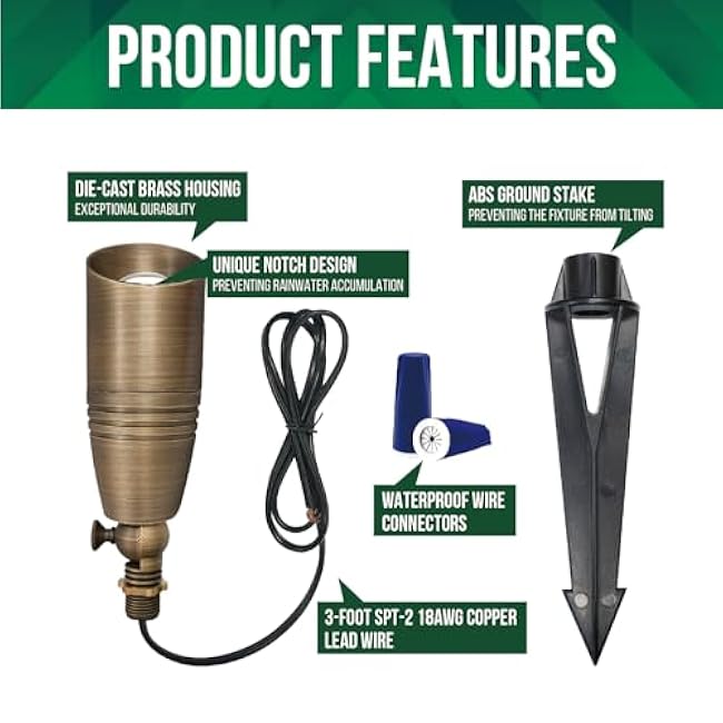 GKOLED 6 Pack Solid Brass Landscape Spotlight, 12V AC/DC Outdoor Low Voltage Landscape Lights, Garden Patio Trees Spot Up Light, Directional LED Uplight Waterproof Fixture with ABS Spike, No MR16 Bulb