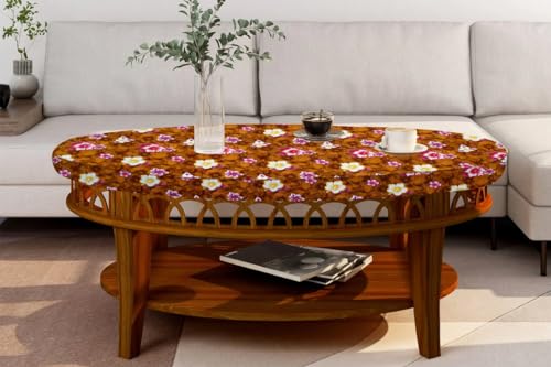 Image of The Furnishing Tree Elastic Oval Center Table Cover WxL 16x48 in Inches Polyester Floral Pattern Orange