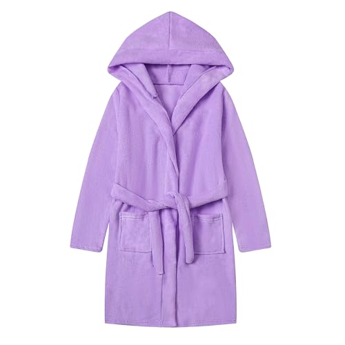 Umeyda Boys Girls Robe Soft Towel Cotton Hooded Bathrobe Kids Terry Cloth Robes with Belt, Purple, 4T = Tag 120