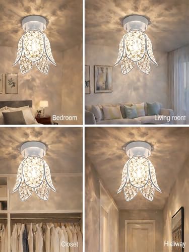 Image of Modern Crystal Flush Mount Ceiling Light | Gold Finish Decorative Ceiling Lamp for Hallway, Bedroom, Living Room, Balcony & Foyer | Warm Light Home Decor Fixture (White Lotus)