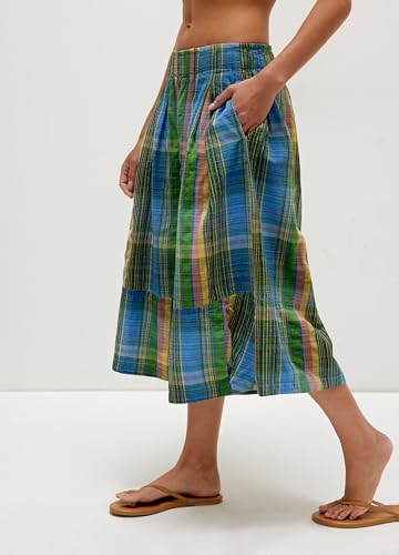 Womens Summer Boho Wide Leg Culotte Pants Casual Elastic Waisted Palazzo Trousers Colorful Plaid Capris with Pockets2
