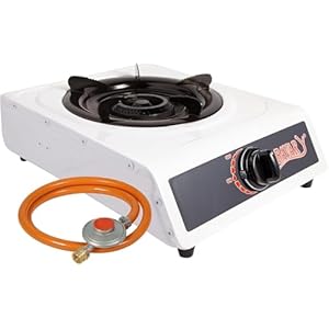 1- Flammiger Premium Gasbrenner Leistungsstarker Doppelbrenner für Outdoor & Campingkocher mit automatischer Zündung mit Druckminderer und Schlauch (1-Flammig mit Druckminderer und Schlauch) Gasherd