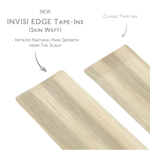 Image of WENNALIFE Invisi Edge Tape in Hair Extensions Human Hair,#17A /60A,22 Inch | 22 Inch 50g 20pcs Ash Blonde Highlighted Platinum Blonde Invisi Remy Hair tensions Seamless Injected Tape Ins Straight