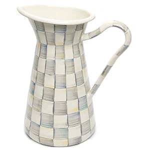 MACKENZIE-CHILDS Practical Enamel Pitcher with Spout, Drink Pitcher for Iced Tea or Water, Flower Vase, Large, Gray-and-White Sterling Check