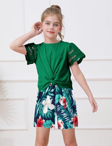 Image of mksodop Girls Clothes 2-Piece Teen Girls clothes Lace Hollow Short-Sleeved Twist T-Shirt And Floral Short Girl Summer Outfits