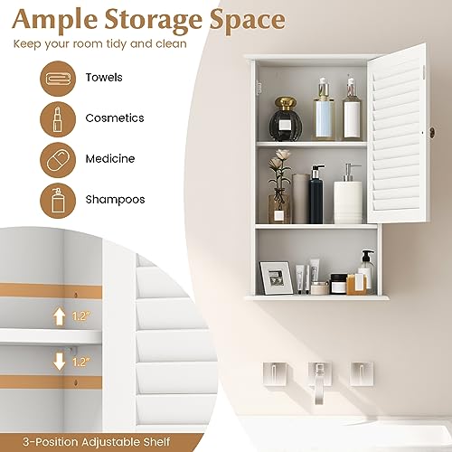 Giantex Bathroom Wall Mount Cabinet - Over The Toilet Storage Organizer with Single Door and Adjustable Shelf, Above Toilet Medicine Cabinet for Living Room, Kitchen, Hallway, Hanging Cabinet (White)