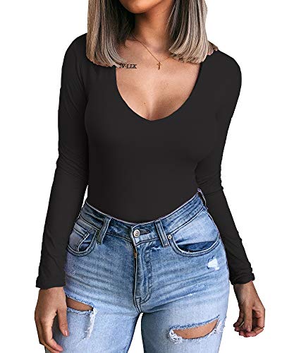 Allchic Womens Long Sleeve Bodysuit Tops V Neck T Shirt Jumpsuits (V Neck Black, X-Large)