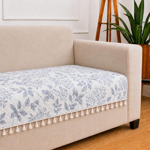 Image of STITCHNEST 'Frostvine Collection' 3 Seater Sofa Cover| Cotton Quilted Fabric, Decorative Tassels, Washable & Durable for Modern Living