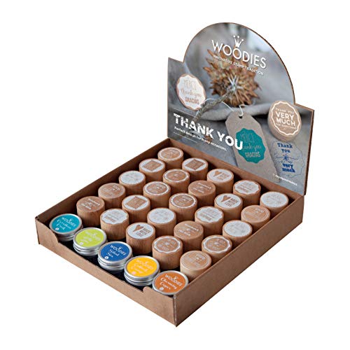 Woodies Round Wood Mounted Rubber Stamp & Ink Set, 30-Count In Countertop Display, Each 1.25-Inches, Thank You #TOP20