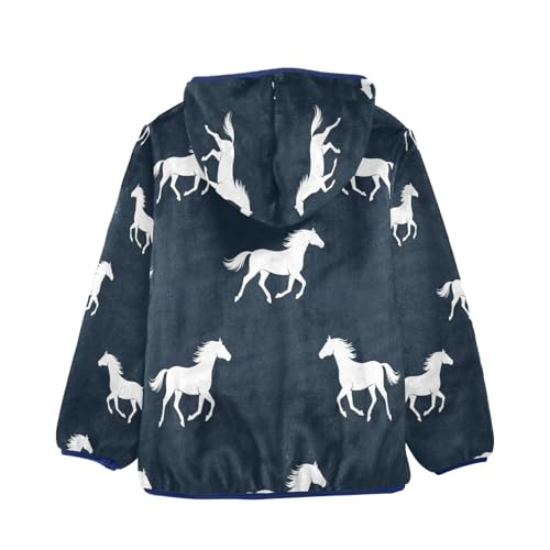 White Horses on Navy Toddler Fleece Jacket Girl Boys Hooded Fleece Jacket Coat Warm Outwear Zip-up 3-10T2