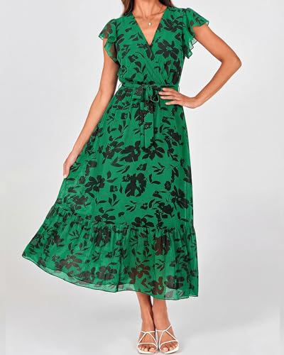 Image of BTFBM Women Summer Bohemian Floral Casual Wrap V Neck Ruffle Cap Sleeveless Belt A-Line Pleated Hem Midi Sun Dress White