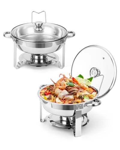 Garvee Chafing Dishes for Buffet, 5QT Buffet Servers and Warmers Set of 2, Round Chafing Dishes with Glass Lid, Stainless Steel Food Warmers for Parties, Catering Supplies for Wedding, Banquet, Silver