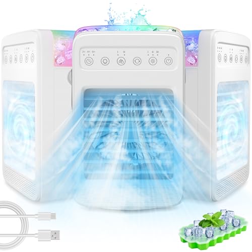 Portable Evaporative Air Cooler, Air Conditioners with Water Tank, Ice Cube Tray, 4-Speed, Oscillating Swamp Cooler with 2/4/6 Timer, Personal Small AC Cooling Fan for Room Office Car RV Desk