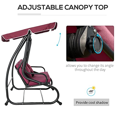 Outsunny 3-Seat Outdoor Patio Swing Chair, Converting Flatbed, Outdoor Swing Glider With Adjustable Canopy, Removable Cushion And Pillows, For Porch, Garden, Poolside, Backyard, Red #TOP4