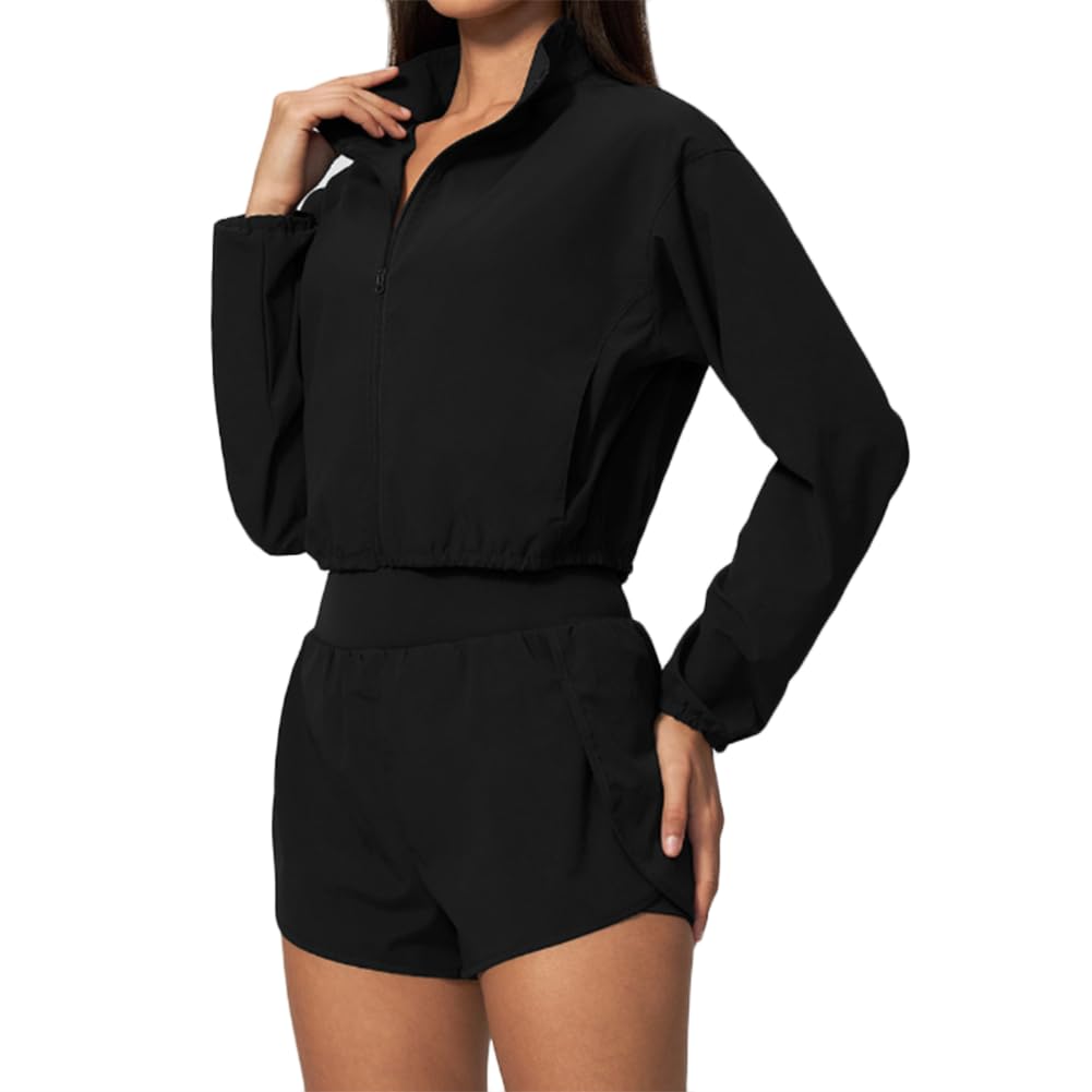 Abbigliamento sportivo asciugatura rapida completo elastico e traspirante | Giacca corta collo alto con zip protettiva dal sole abbinata a shorts 2-in-1 completo allenamento due pezzi leggero
