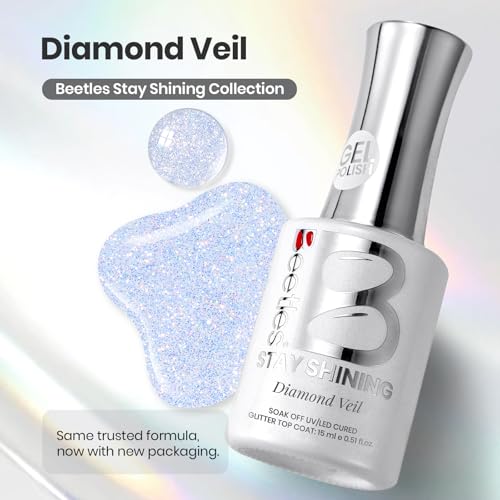 Image of beetles Gel Polish Glitter Top Coat 15ml, Stay Shining No Wipe Reflective Silver Mix Glitter Shiny Clear Gel Nail Polish Long Lasting High Gloss UV Lamp Nail Art Design Manicure Gifts for Women