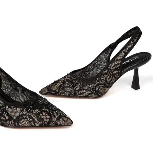 Image of Slingback Wedding Heels for Women Bridal Lace Mesh Kitten Heel Closed Pointed Toe Pearl Pumps Shoes