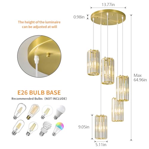 Image of Gold Pendant Lighting Modern Pendant Light, Mini Crystal Chandeliers,Adjustable Pendant Light Fixture for Kitchen Island Dinning Room Corridor Bedroom(Gold 5-Light)