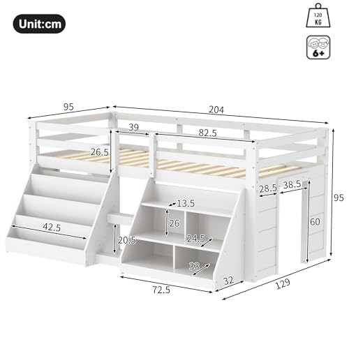 Kinderbett Halbhochbett 90x200 mit LED Beleuchtung, Einzelbett mit Treppe & Aufbewahrungsschrank, Stauraumbett Holzbett Funktionsbett Jugendbett mit Rausfallschutz & Lattenrost, Weiß, ohne Matratze