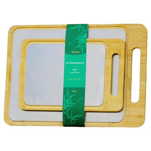 Flioriel 2PCS Dual-Sided Bamboo & Stainless Steel Cutting Board for Kitchen Non-Slip Juice Groove, Cutting Board for Meats, Vegetables & Fruit, Kitchen Gift for Home Chefs Cooking Enthusiasts (M+L)