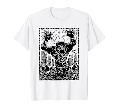 T-shirt Black Panther Marvel linocut blanc en coton premium artistique