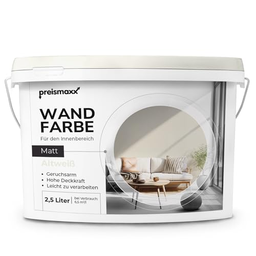Preismaxx Profiweiß Wandfarbe altweiß 2,5L, hohe Deckkraft, Dispersionsfarbe innen, Innenwandfarbe Raumfarbe altweiss deckend, Deckkraftklasse 2, matt Innenfarbe Profi Qualität