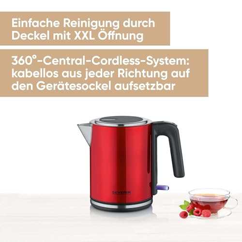 SEVERIN Wasserkocher 1 L, elektrischer Wasserkocher, Kalkfilter, XXL-Öffnung, leistungsstark & kompakt, 100 Prozent BPA-frei, 2.400 W, Edelstahl, Rot, WK 3427 2