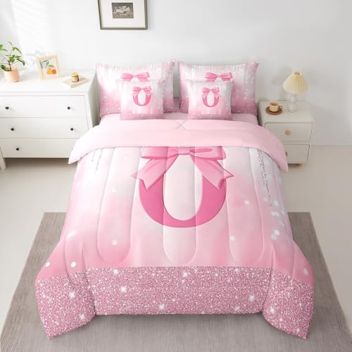 Image of Feelyou Boys Girls Pink Bowknot Bed in A Bag Queen Size, Personalized Initial O 7 Pieces Bedding Set Kids Princess Glitter Comforter Set with Sheets Bow Monogrammed Teens Bed Set Bedroom Decor 7Pcs