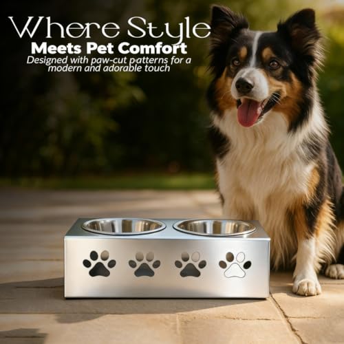 Image of Metal Silver Stylish Dog Bowl Stand | 2 Stainless Steel Bowls for Raised Dogs & Cats | Elevated Dog Food Removable Bowls | Pet Feeder & Water Dispenser for All Breeds Paw Design(Set of 2, each 1600ml)