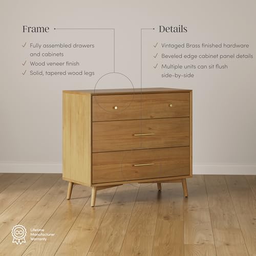 Image of Nathan James Harper Mid Century Modern Dresser, Solid Wood Dresser for Living Room with 3 Drawers and Metal Drawer Pulls, Light Acacia