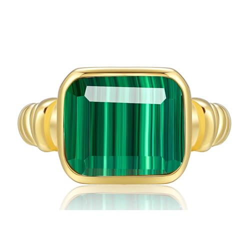 Phyonio Women's 14K Gold Plated Statement Ring Rectangle Teal Turquoise/Rose Quartz Crystal/Spiny Oyster Turquoise Signet Ring Stainless Steel Twisted Cable Band Size 5-10