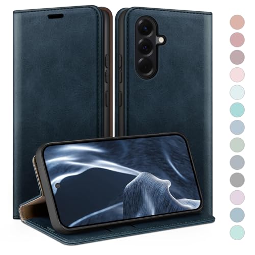 Coque Samsung A57 en cuir de premium avec rabat portefeuille bleu foncé
