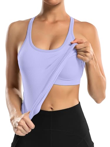 Image of ATTRACO Ribflex Ribbed Workout Tank Tops for Women with Built in Bra Racerback Scoop Neck Athletic Top