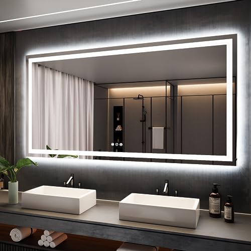 ISKM LED Mirror for Bathroom Lighted Vanity Mirror for Wall Front Lights + Backlit LED Bathroom Mirror Anti-Fog Tempered Glass ETL Listed (Front and Backlit, 72'' x 36'')