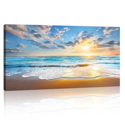 Grande Coucher de soleil Bord de mer Paysage Cadre En Bois Tableau Decoration Murale,Bleu Plage Paysage Marin Art Mural Impression Sur Toile Peintures Salon...