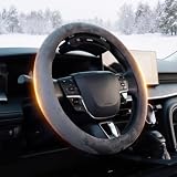 AUTOWOEL Wireless Heated Steering Wheel Cover, Premium Cordless Rechargeable Steering Wheel Warmer for Car, 14.5-15 Inch Round & D-Shaped, Fast Heating, Faux Suede Grey, Essential for Winter Driving