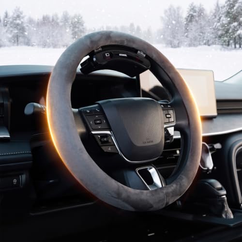AUTOWOEL Wireless Heated Steering Wheel Cover, Premium Cordless Rechargeable Steering Wheel Warmer for Car, 14.5-15 Inch Round & D-Shaped, Fast Heating, Faux Suede Grey, Essential for Winter Driving