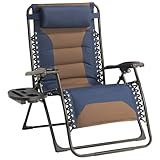 Foristrail Zero Gravity Chair Oversized Padded Recliner with Adjustable Headrest & Cup Holder - 600D Oxford Folding Lounge Chair for Outdoor Camping, Patio, Poolside (Brown & Blue)
