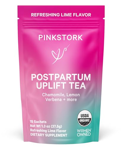 Image of Pink Stork Postpartum Uplift Mood Support Tea: Hormone Balance for Women After Pregnancy, Chamomile Tea with Red Raspberry Leaf for Postpartum Recovery - Caffeine-Free, Hot or Iced, 15 Sachets
