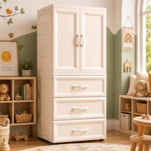 Image of Mevigo Door Plastic Wardrobe for Kids| Almirah and Wardrobe for Baby Clothes| Modular Storage Cabinet with Wheel Organizer for Cupboard Rack for Clothes /Shoes /Books /Toy (White-MS16930, 4- Layer)