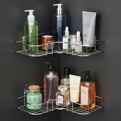 Image of Amazon Basics Self-Adhesive Corner Shelf | No-Drill, Wall-Mounted Organizer for Bathroom, Kitchen & Living Room - Premium Rust Proof GI Metal, 27 x 27 x 6 cm, Chrome, Pack of 2