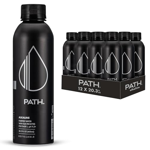 Image of PATH Alkaline Bottled Water - 9.5 pH-Balanced Purified Water with Electrolytes in Aluminum Bottle - BPA-Free, Reusable, Infinitely Recyclable - Pure, Crisp, Refreshing Taste 20.3 fl oz (Pack of 12)