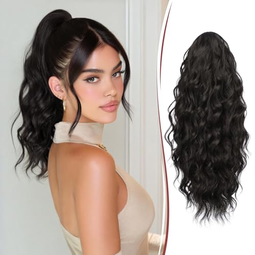 RUWISS Coleta Postiza Pelo Natural con Pinza, Cola Postiza Rizado Ondulado 40 cm Larga Sintética Cola Caballo Extension Coleta Postizas Afro para Mujeres, Negro Marrón
