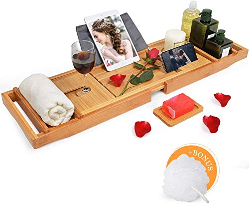 Domax Bathtub Caddy Tray with Wine Glass Holder - Adjustable Book Stand