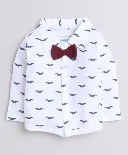 Image of BUMZEE Boys Regular Fit Full Sleeves Collar Neck Cotton Shirt Waistcoat Short Set with Applique Bow