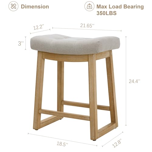 Image of Counter Height Bar Stools Set of 2, 24 Inch Backless Upholstered Counter Stools with Solid Rubberwood Legs, Modern Farmhouse Saddle Stools for Kitchen Island, Home Bar, Beige Linen Fabric
