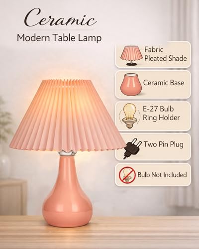 Image of Homesake Modern Small Ceramic Table Lamp, Classic Bedside Desk Lamp for Living Room Bedroom, Farmhouse Home Decor Nightstand Lamps with Fabric Pleated Shade (Pink)