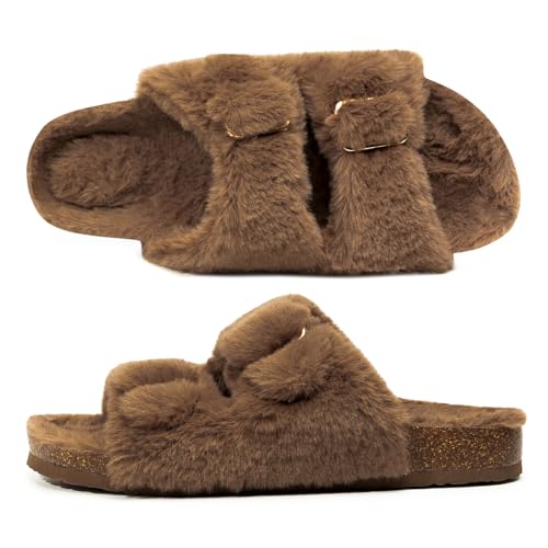 FITORY Womens Open Toe Slipper with Cozy Lining,Faux Rabbit Fur Cork Slide Sandals Size 6-114