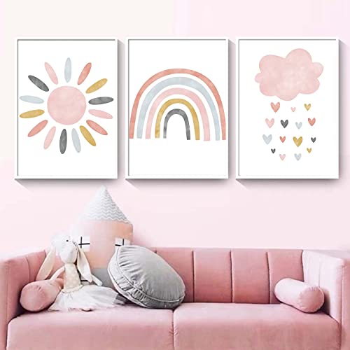 Nursery Wall Prints Pink Sunshine Rainbow Cloud Canvas Wall Art, Child Wall Art Poster Boho Nordic Wall Pictures For Girls Baby Kids Room Decor, Set Of 3 Cute Cartoon Prints Girls Room Wall Decor Unframed #TOP4